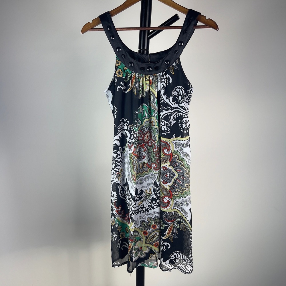 Eyelash Couture Paisley Jewel Neck Mini Dress Black Green Multi Sleeveless